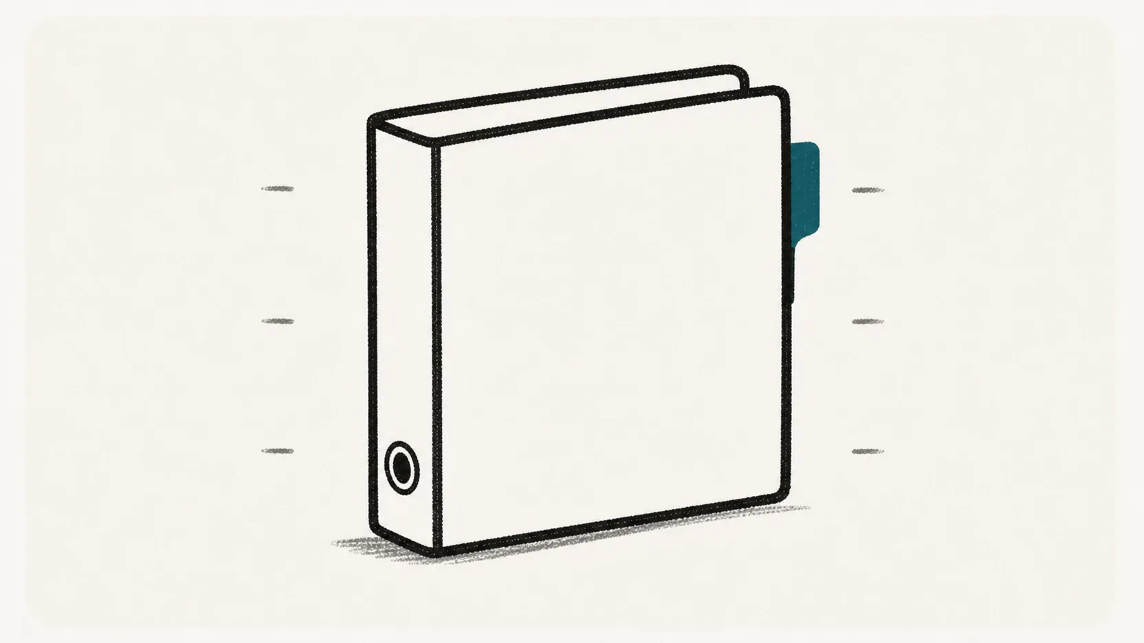 A closed paper binder with a deep-teal index tab.