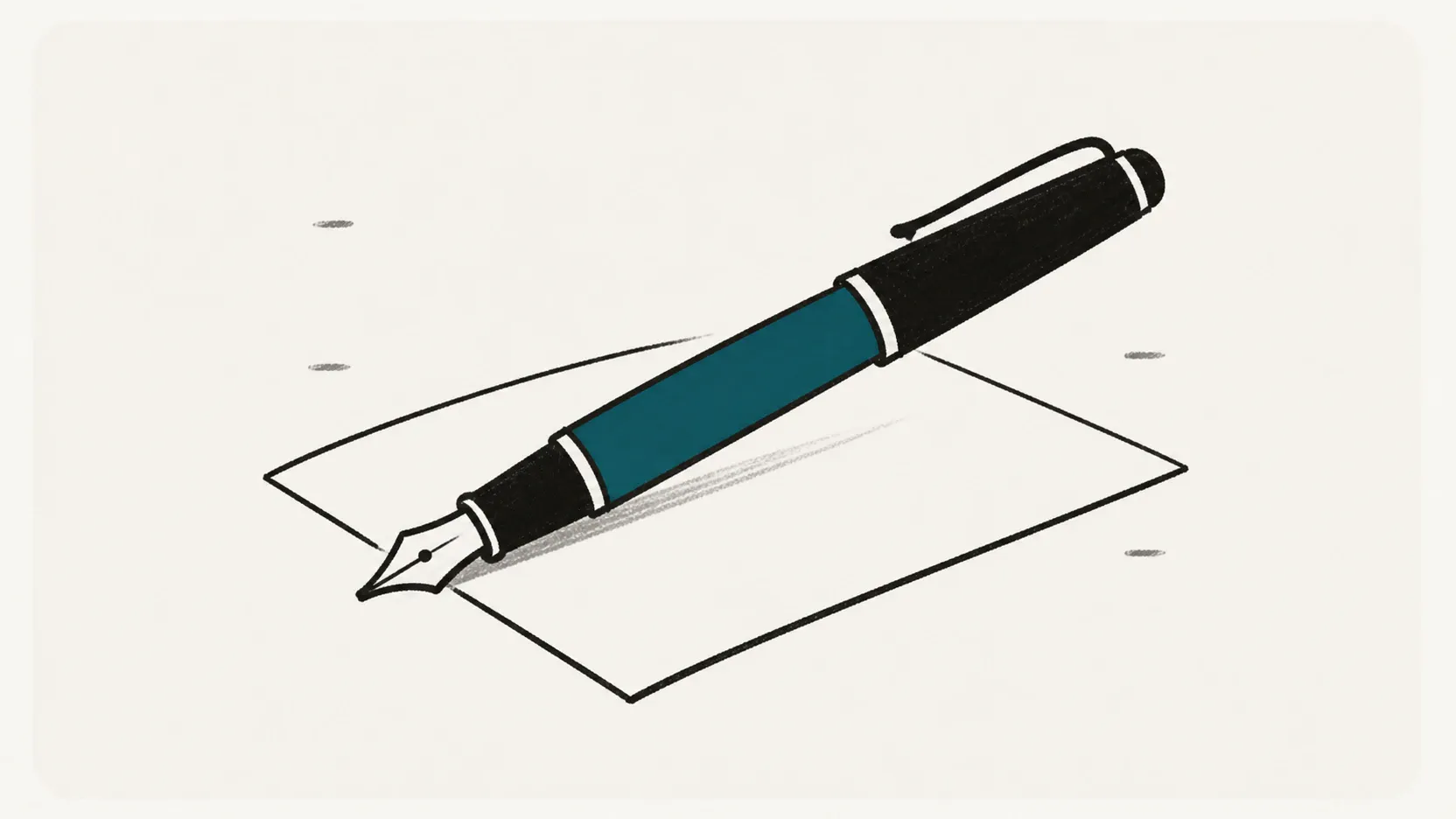 A fountain pen resting across a blank paper sheet.