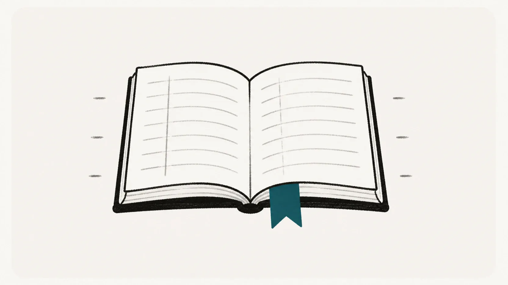 An open paper ledger with a deep-teal ribbon tab.