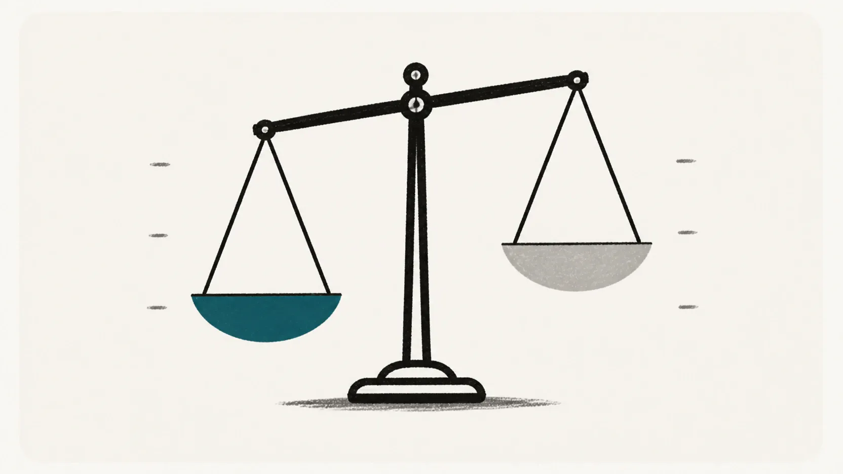 A balance scale with one deep-teal pan and one warm-gray pan.