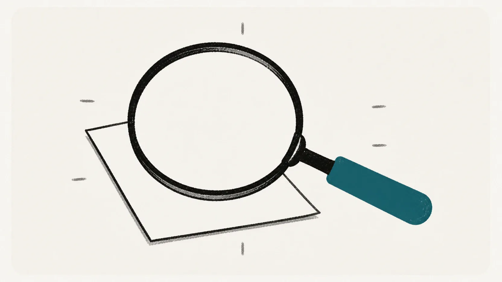 A magnifying glass resting over a blank paper document.