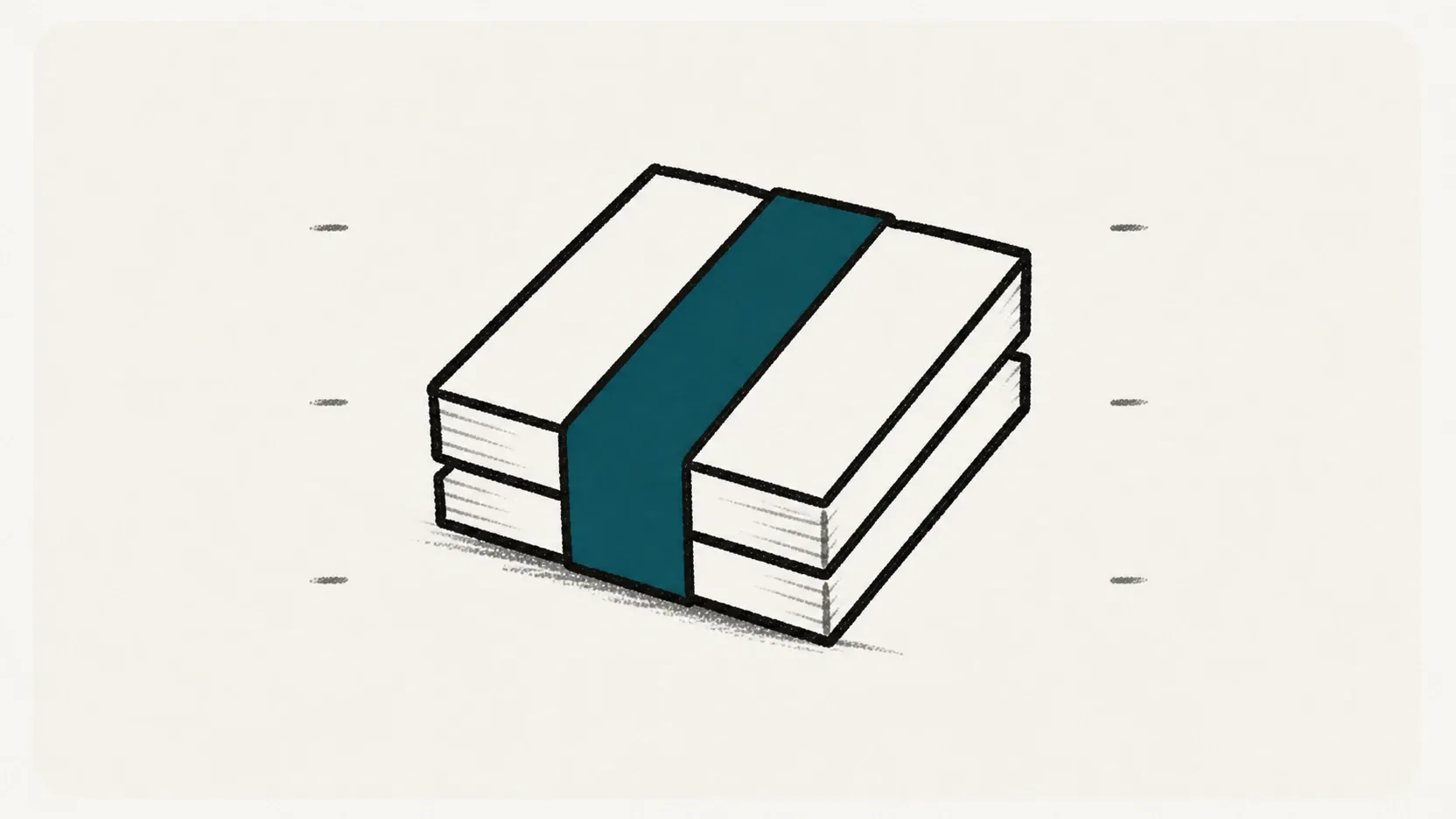 Two paper sheets bundled by a deep-teal band.