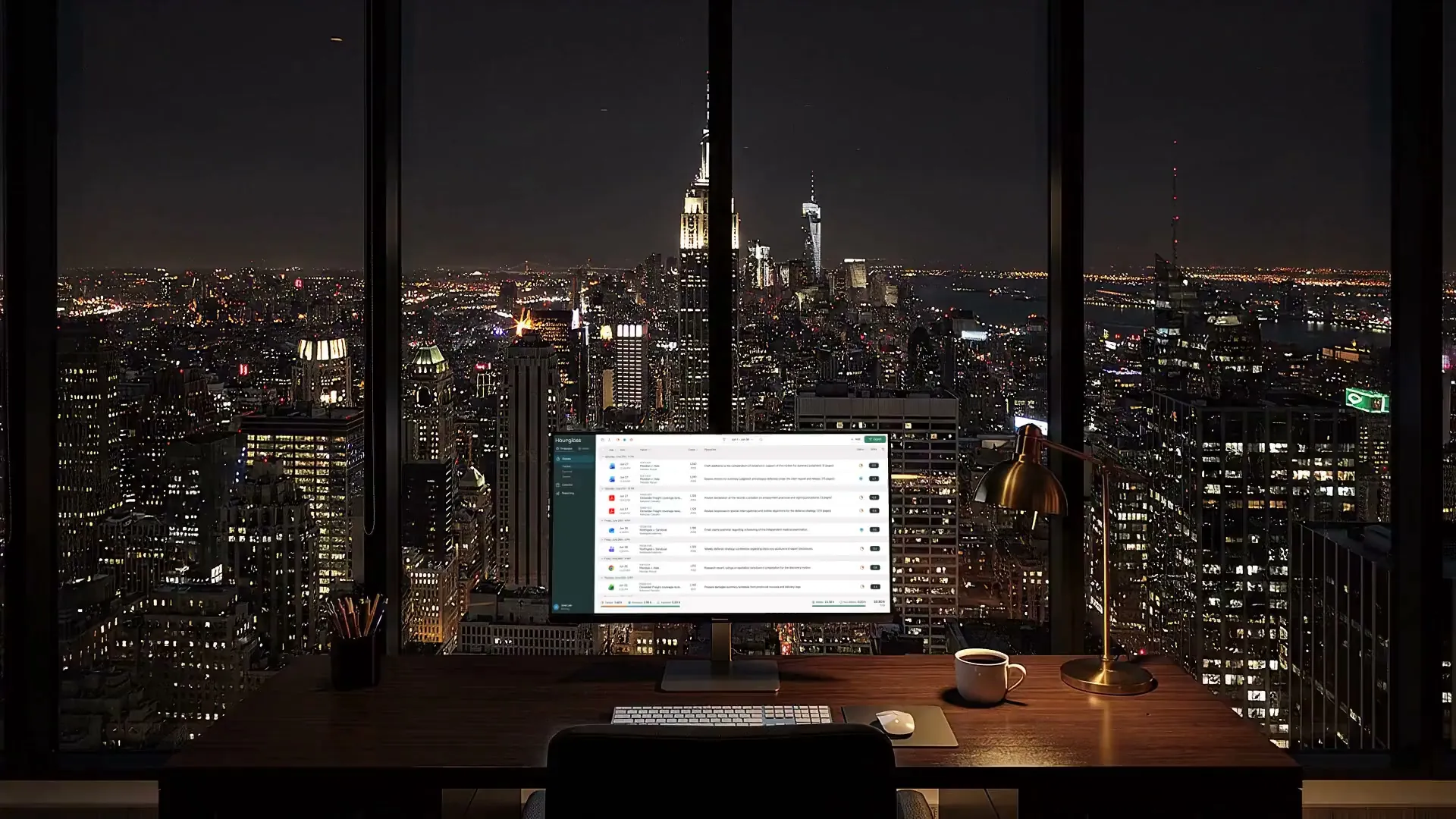 A dark office at night, a single laptop open on the desk ahead.